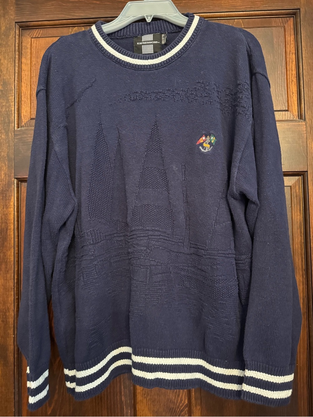 Vintage Blue Men’s 90s Expressions Nautical Themed Sweater 100% Cotton Size L